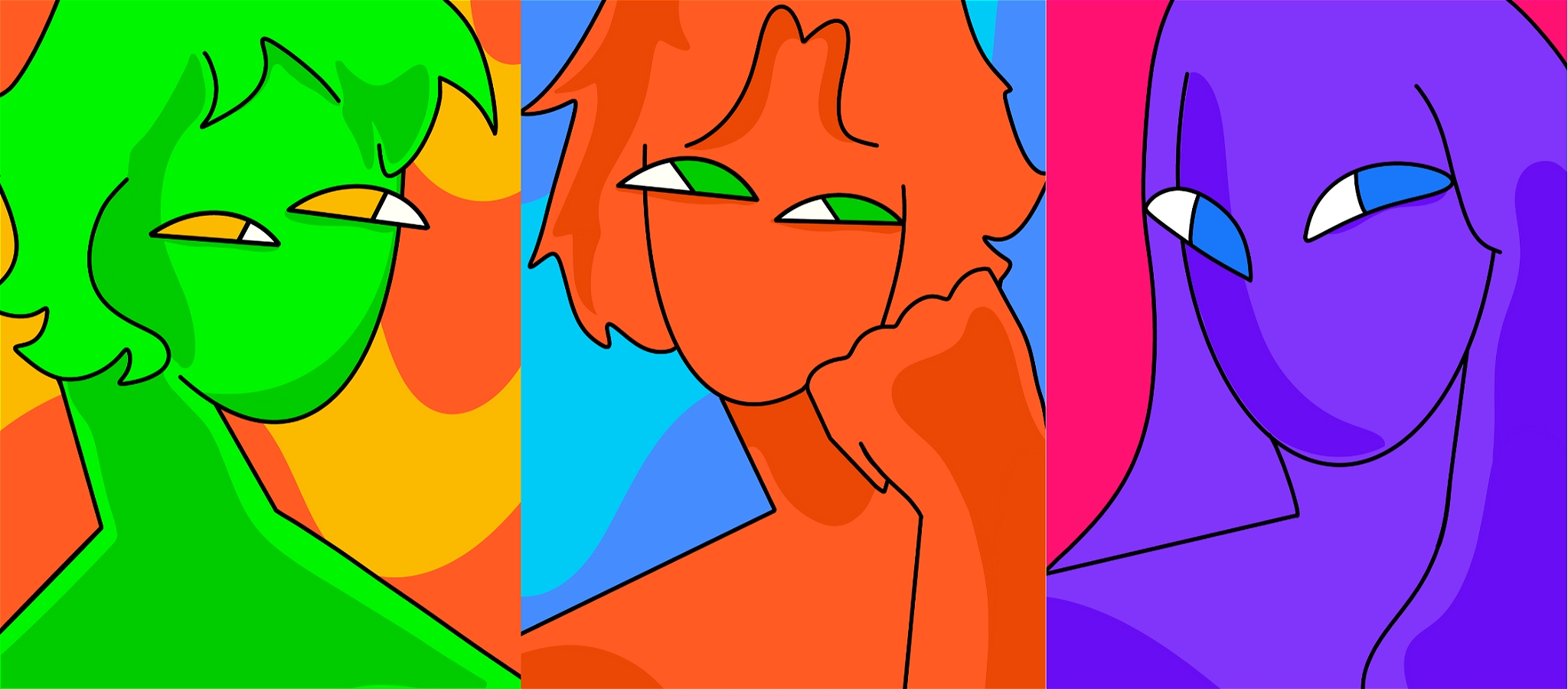 Colourful digital graphics of three people