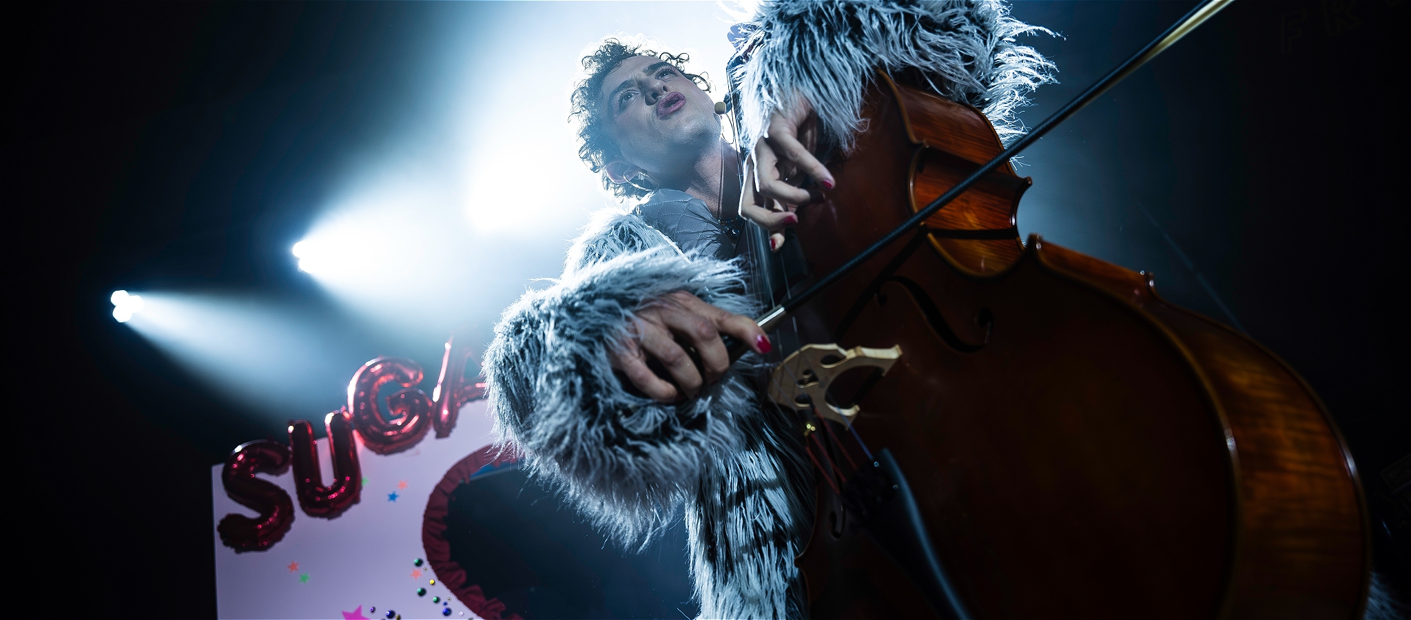 a person plaything the cello in a fur coat. the image is taken from their foot level so we look up towards them.