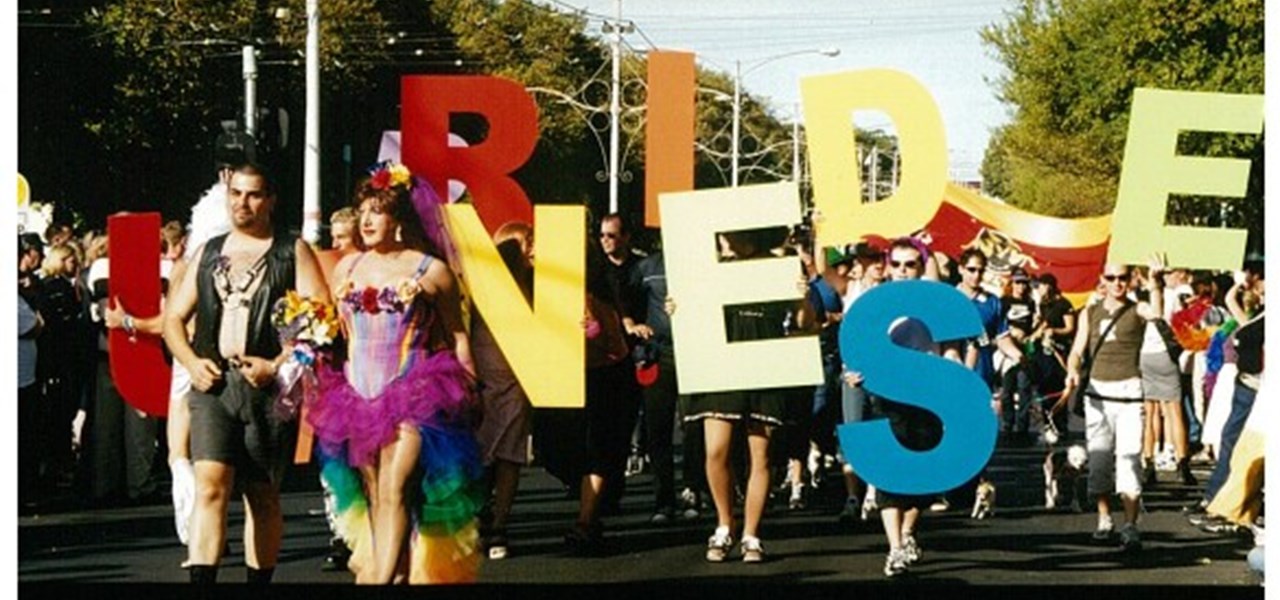 Pride March 2000 image: marchers holding large letters - we can read "RIDE ...NES"