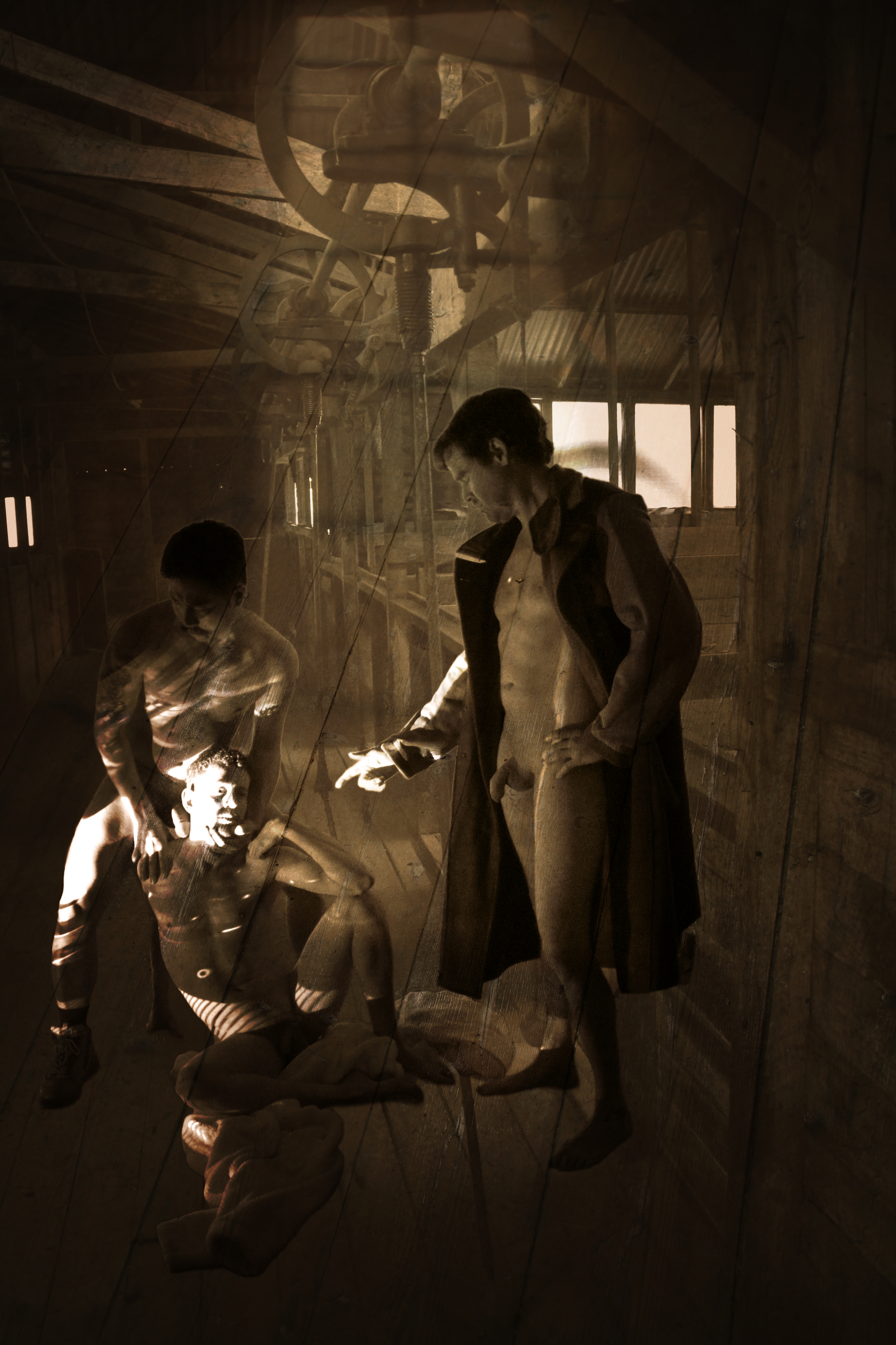 Eureka's work showing naked shearers posing in a shearing shed