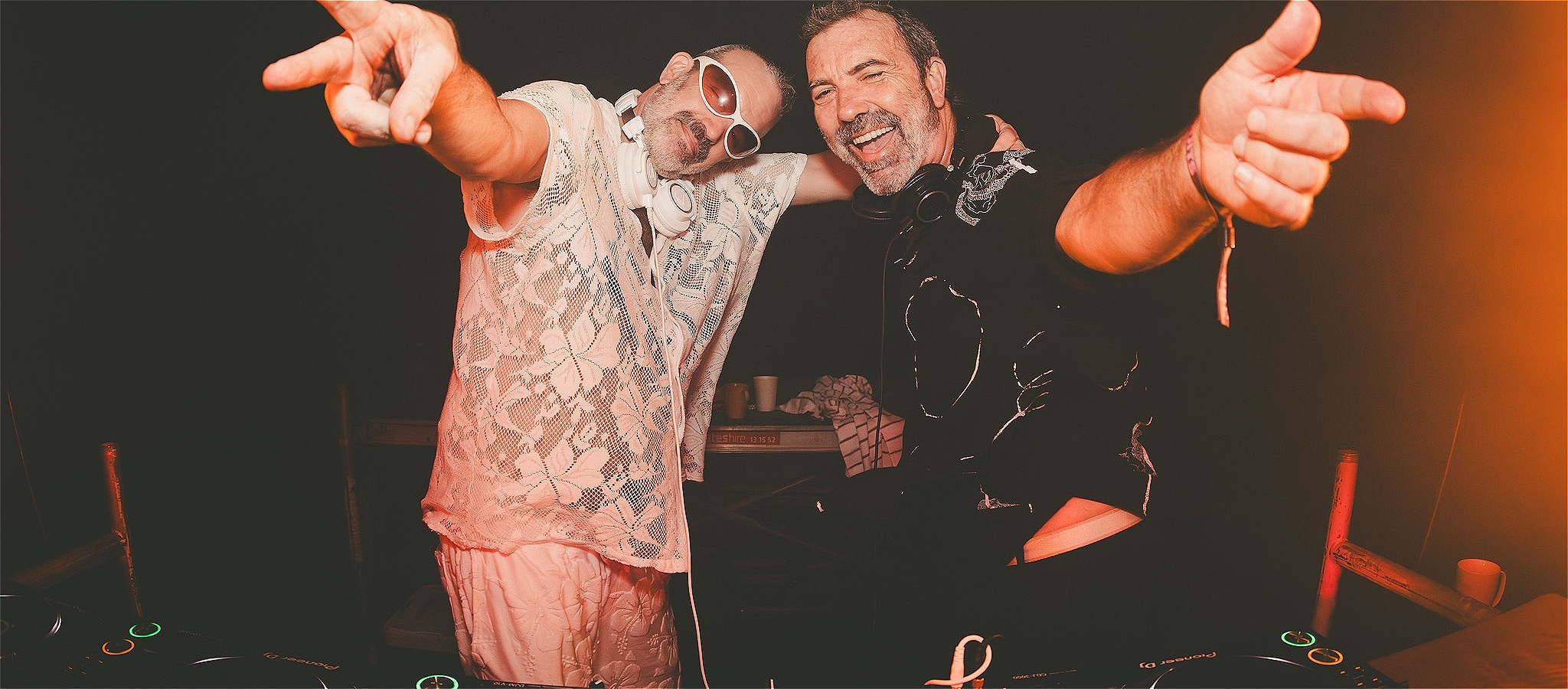 DJs Stereogamous (Paul Mac and Jonny Seymour) from infront of the DJ decks