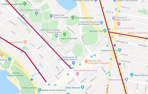 Map showing tram access routes during Midsumma Pride March