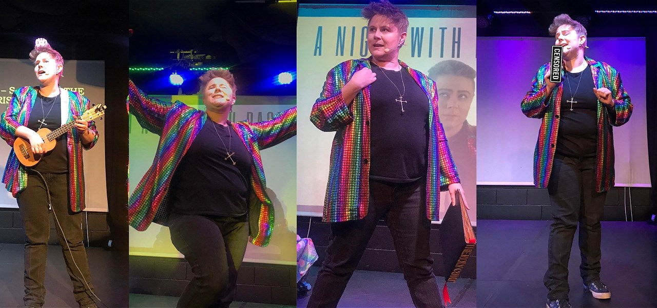 Four Images: Ace in a rainbow jacket playing ukulele. Ace dancing arms outstretched. Ace clutching jacket and bible. Ace singing into censored object.