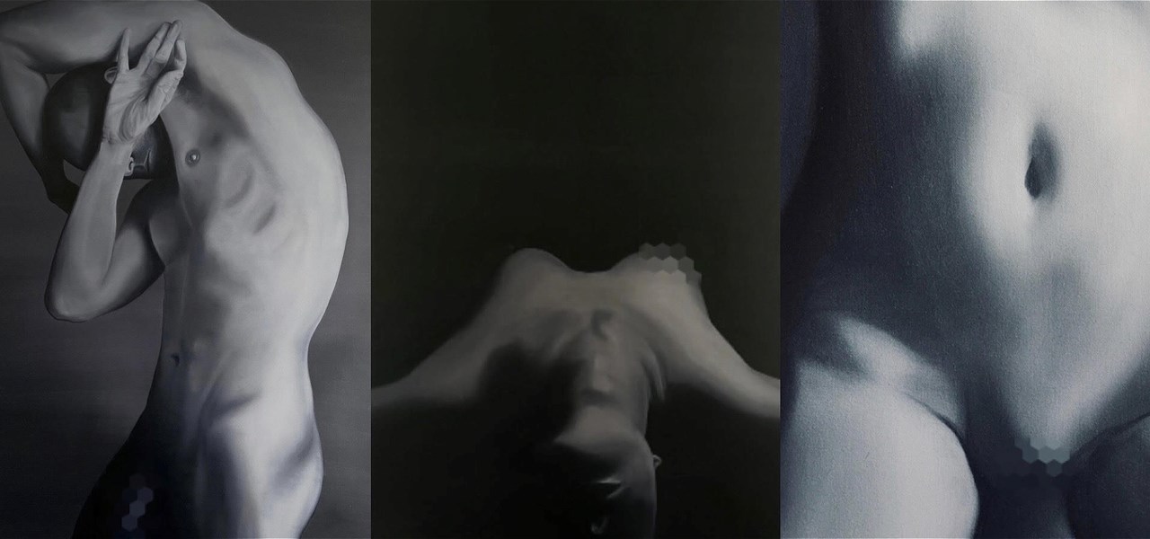 A collage of photographs of three monochrome nude paintings by the artist