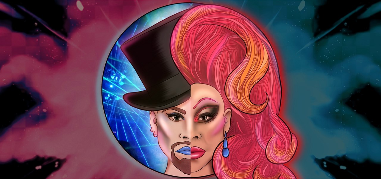 Graphic of a head - one side looks male, wearing a top hat; the other side looks female, wearing a pink wig and blue ear pendant.