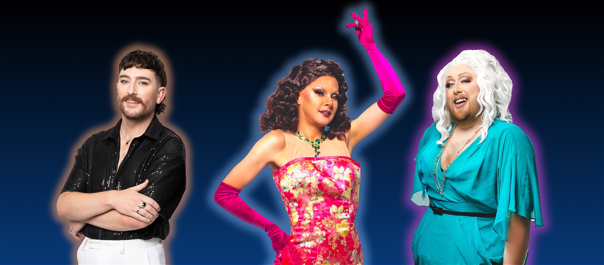 Three performers pose against a dark blue background - one in sequins - one in a floral gown with gloves, - one in a teal dress with white hair.