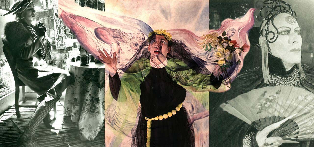 Collage of dramatic images, the central one being a person in monk's clothing, wearing gossamer wings