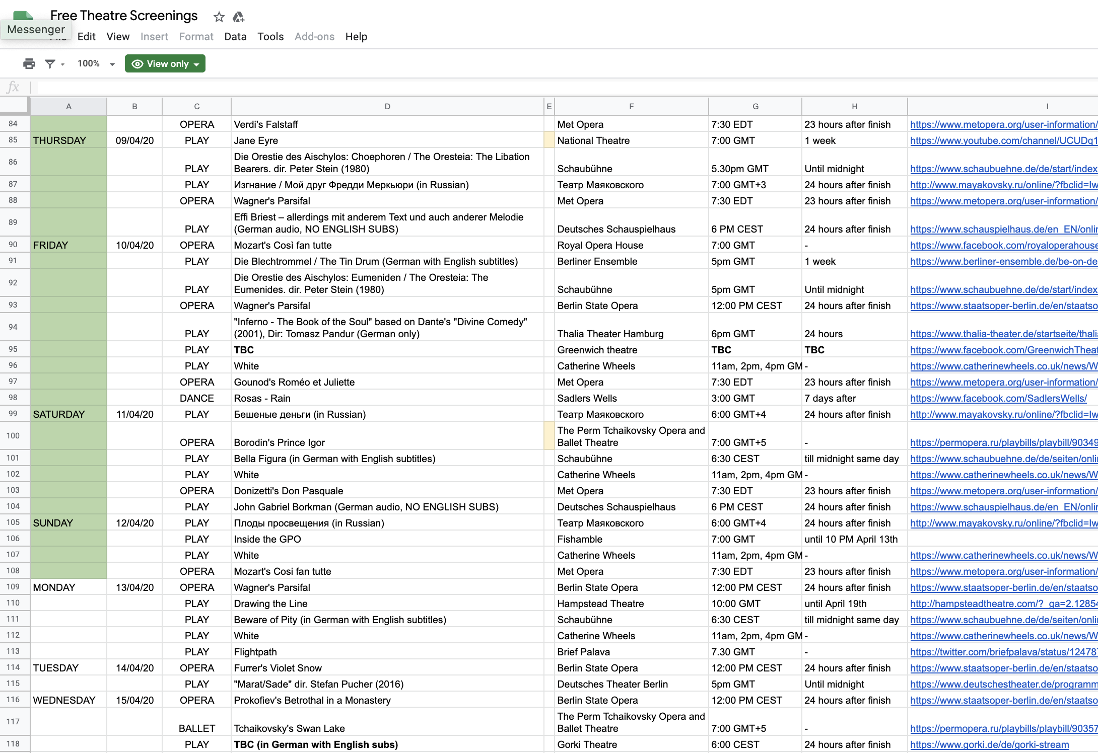 Screenshot of a spreadsheet listing lots of online theatre performances