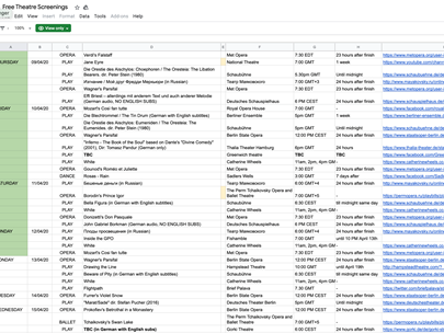 Screenshot of a spreadsheet listing lots of online theatre performances