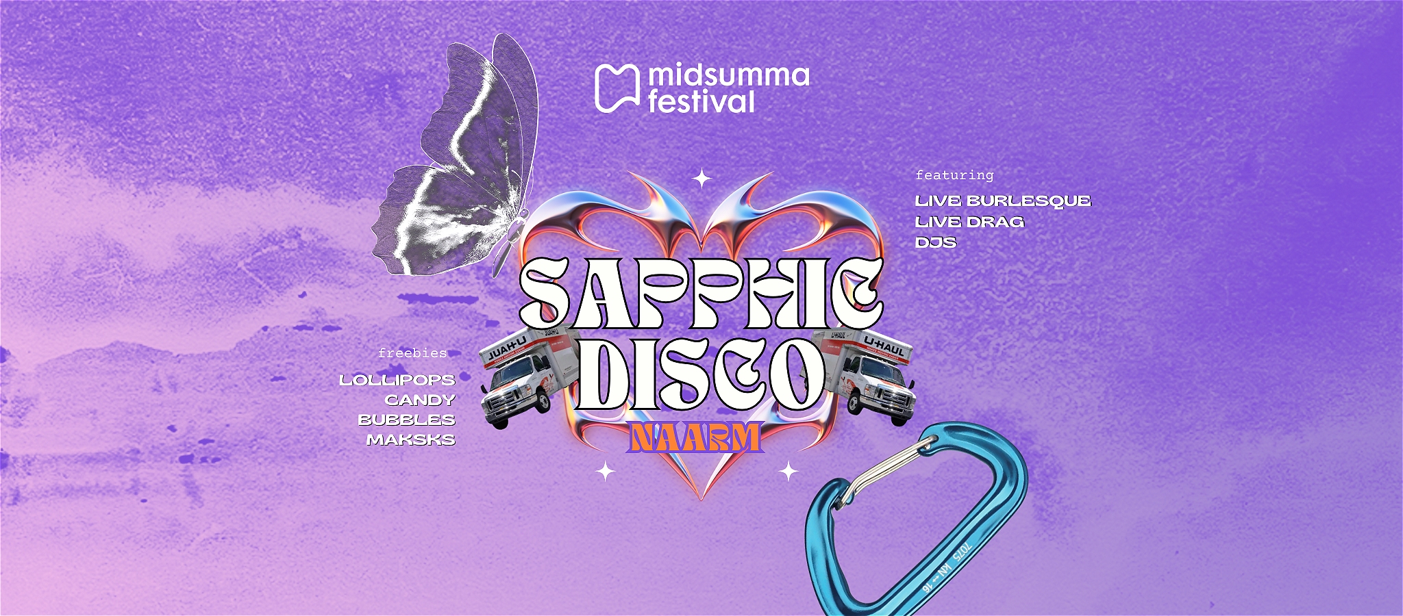 An image showing the Sapphic Disco logo and the Midsumma logo with text noting live burlesque, live drag, djs, free lollipops, candy, bubbles, masks