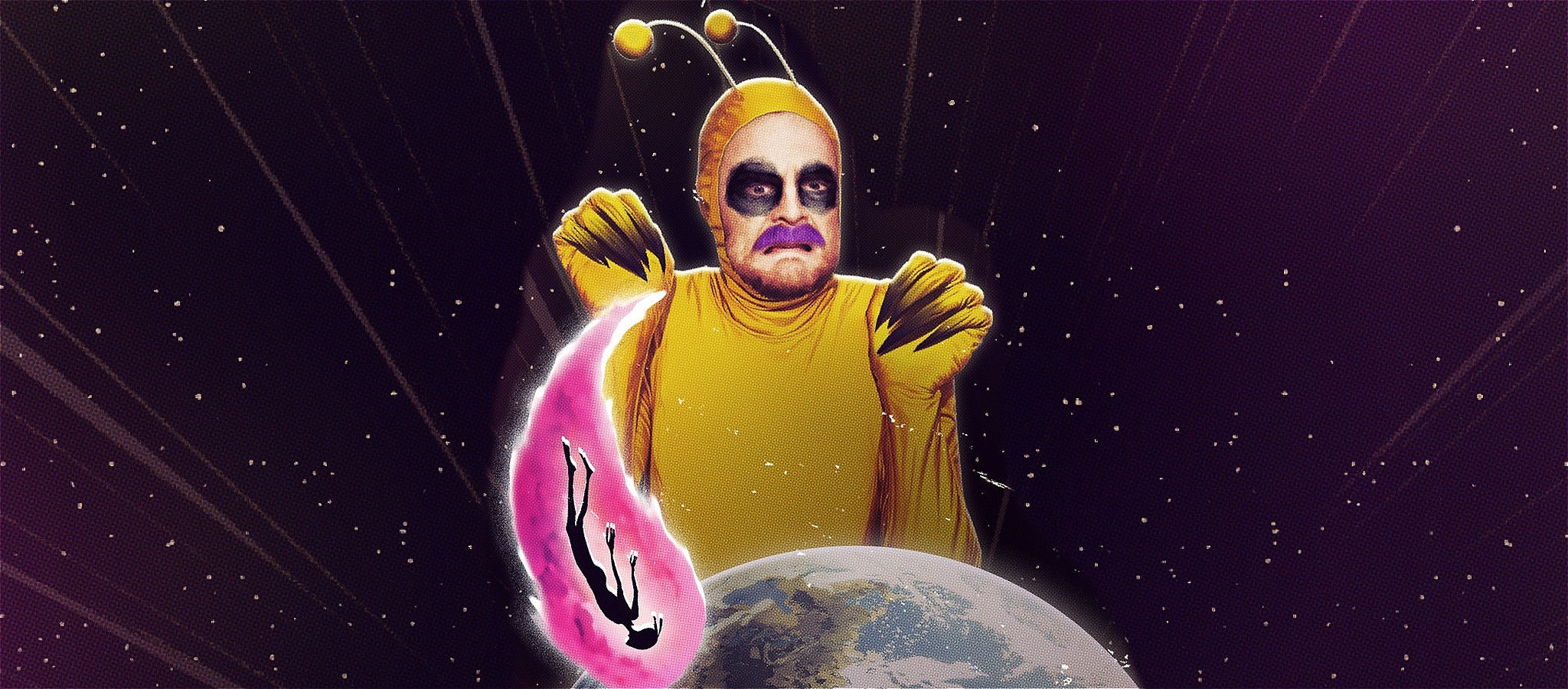 84BY, a yellow alien with black eyes and a purple moustache, hovers over Earth holding watching a pink comet with a falling figure inside.