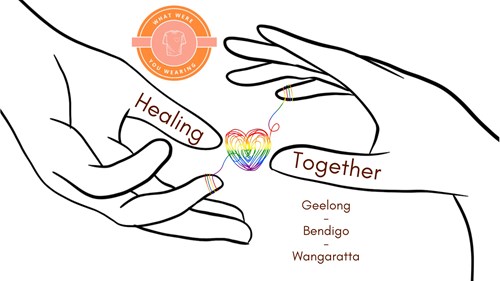 Graphic of two hands with a rainbow-coloured heart between them. One thumb says Healing, the other says Together