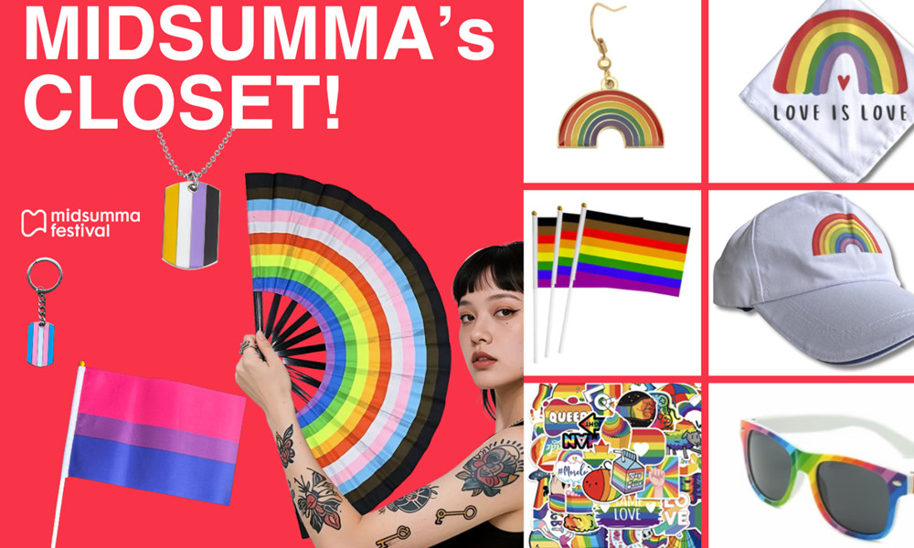 Brochure for MIDSUMMA'S CLOSET showing some of the wares available