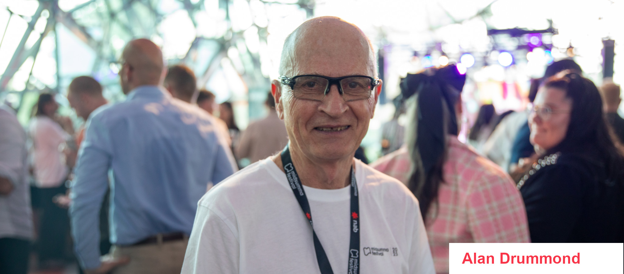 Alan at the 2026 Midsumma Festival Launch at The Edge, Federation Square. The crowd is in the background.