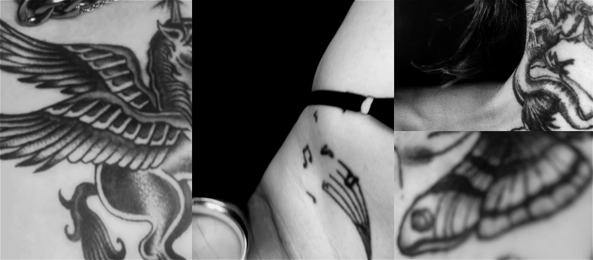 A collage of close up shots of the torso of a non binary person and their tattoos in soft focus
