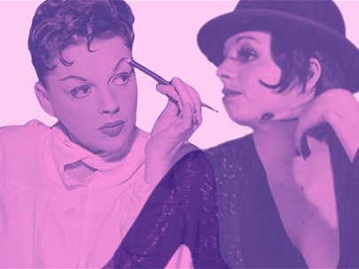Images of Liza Minnelli and Judy Garland, fashioned so they're facing one another, overlaid with a pink and purple tone.