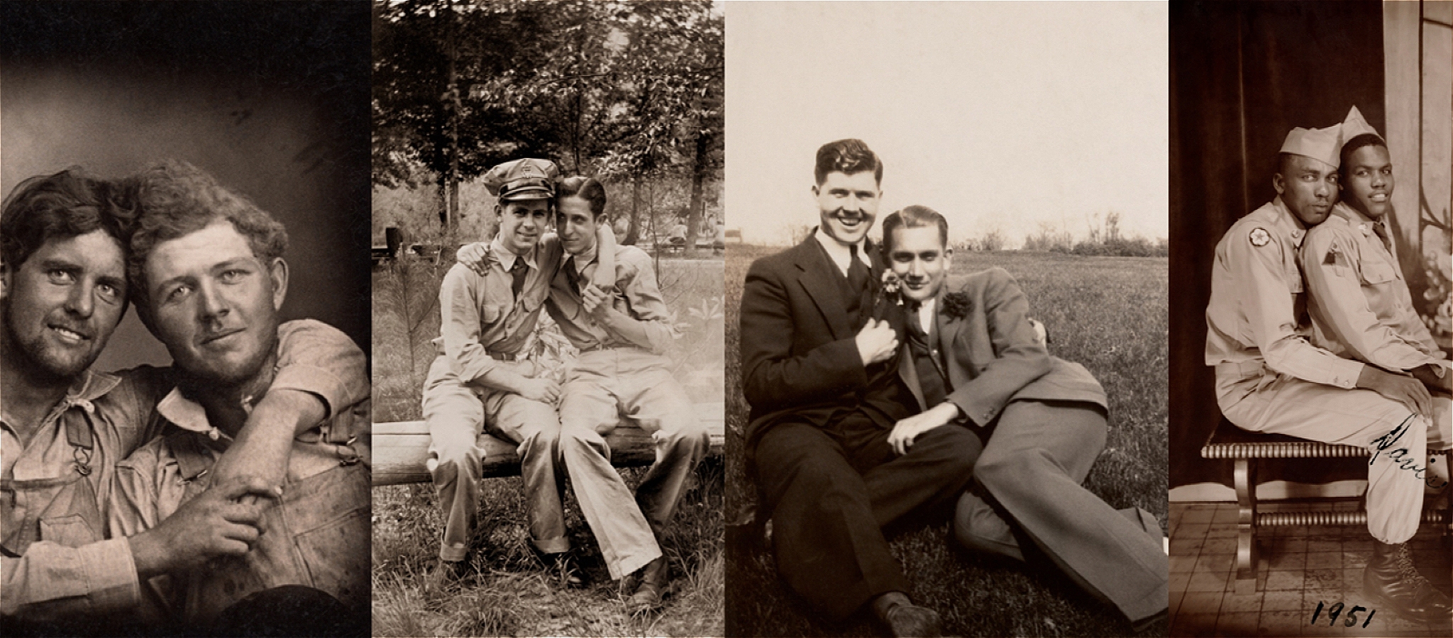 Spliced black-and-white photographs of men holding each other, showing affection