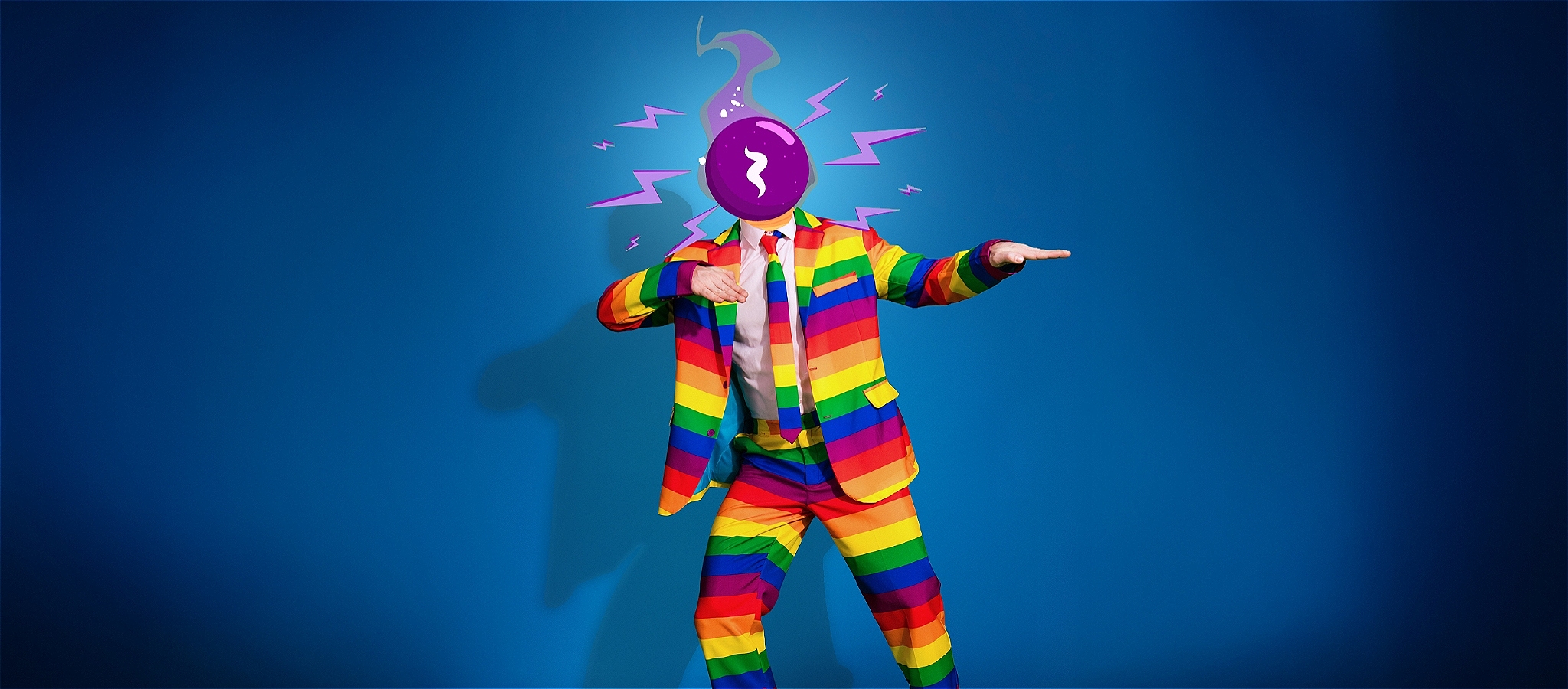 A person dressed in a rainbow suit with a purple circle for a head and purple lightning emanating from that