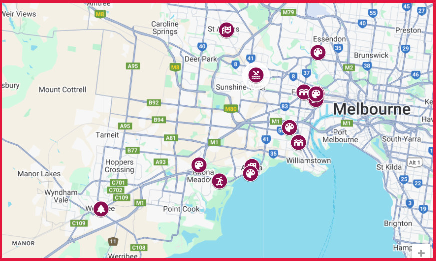 Map showing venue locations in the West of Melbourne