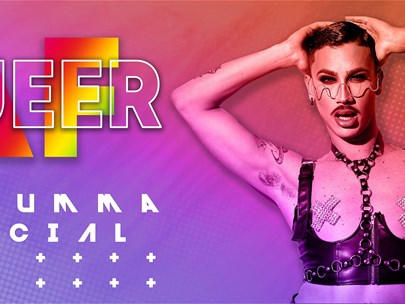 Queer-presenting person on a coloured background with the title, Queer AF Midsumma Special
