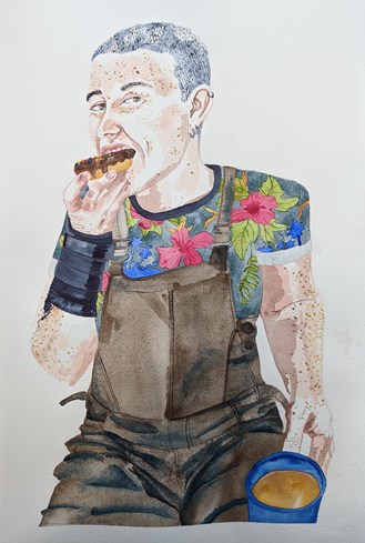 A colourfully dressed person eating a doughnut