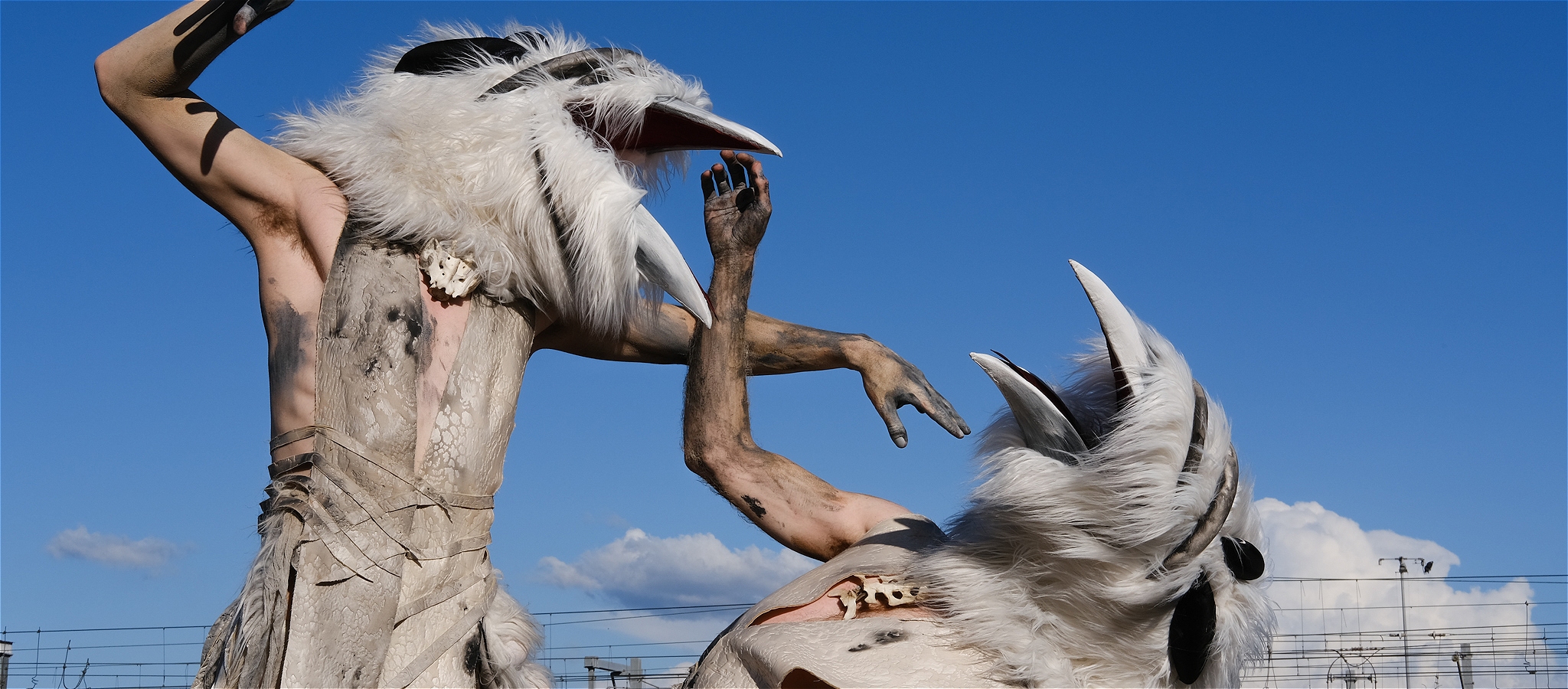 Two people dressed as wild beasts with long fur and sharp beaks
