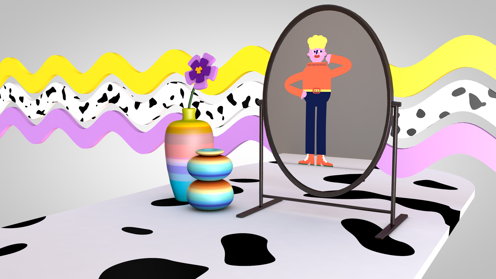 Graphic showing an oval mirror with a person reflected wearing black pants and orange top