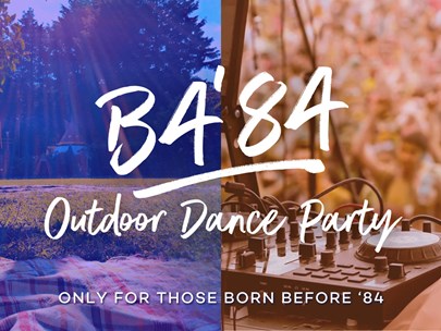 Description of B4'84 Event paired with blurry photo of stage and crowd at a concert on the left and someone adjusting an audio mixing panel on right.