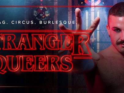 Ezra Mishka facing the camera with the text, Stranger Queers in the font of the Netflix TV Show, Stranger Things