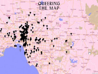 Map of Melbourne in pink, with lots of black location pins and title: 'Queering The Map'