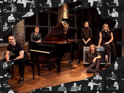 Collage with a photo of 6 chorists in front of lots of small images of orchestra members