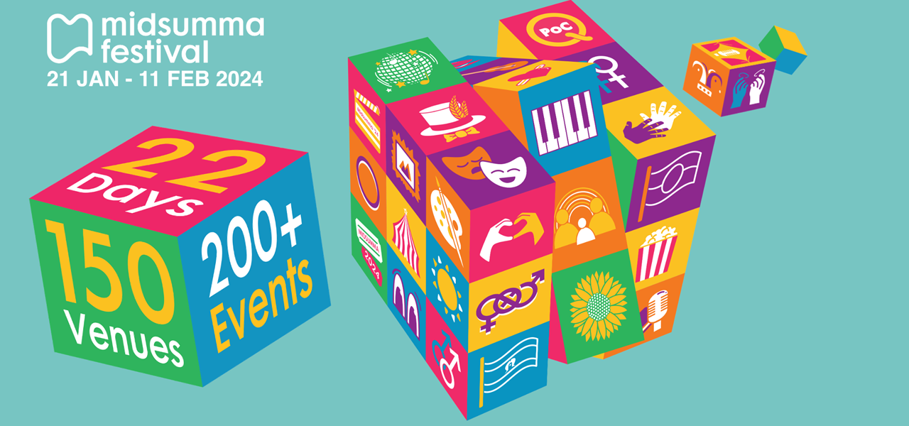 Animated design from the front cover of the 2024 Midsumma Festival program guide with some cubes extracted