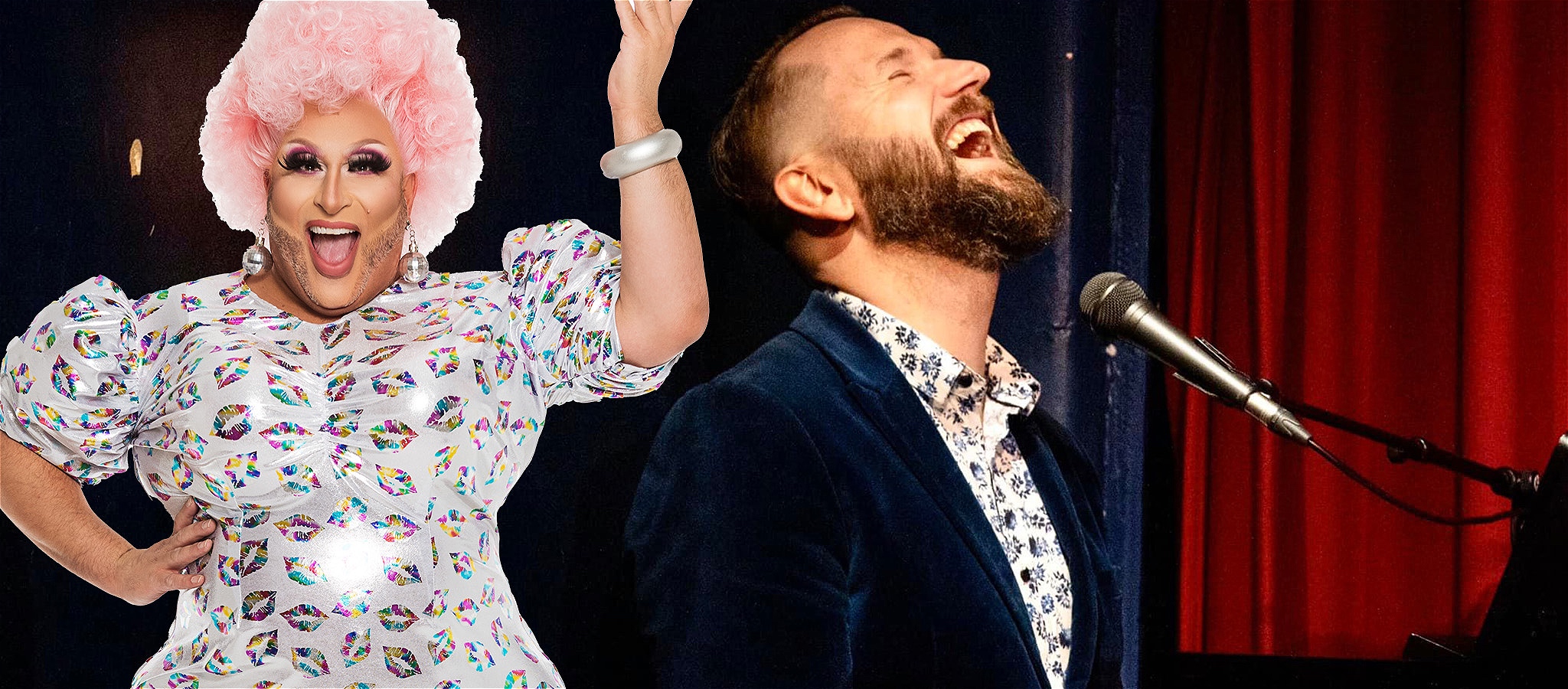 Frock looking camp with one arm up while Cameron laughs at the piano