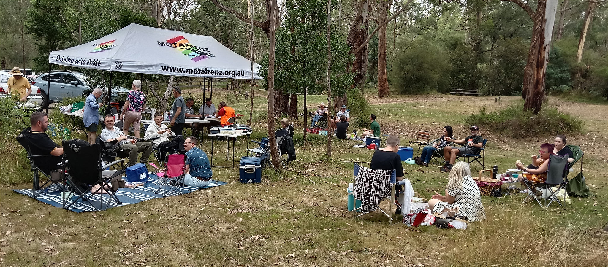 Groups of people sitting on picnic mats and camping chairs in the forest.
