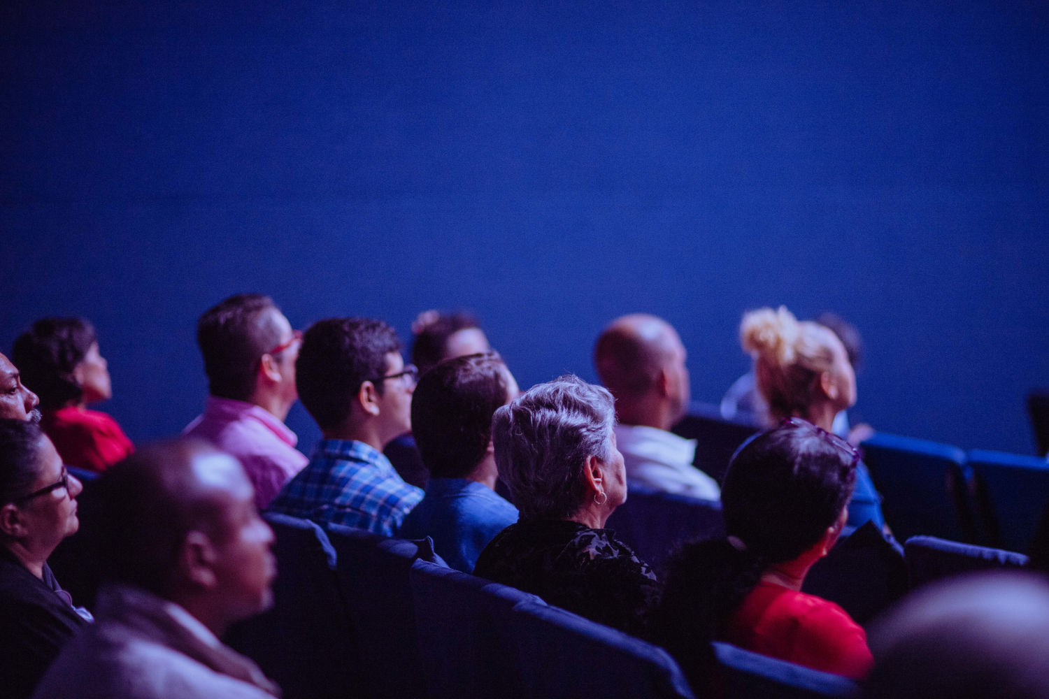 Audience in a cinema watching a film; blue lighting
