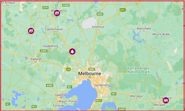 Map of Regional Victoria with Midsumma venues marked on it