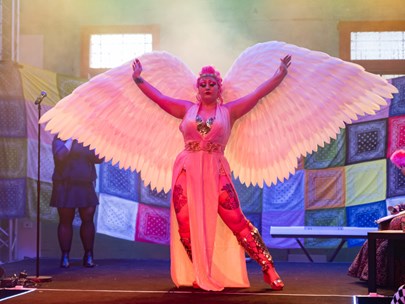 Person dressed in pink holding out large pink wings, seemingly on a stage. There is a patchwork quilt hanging behind them.