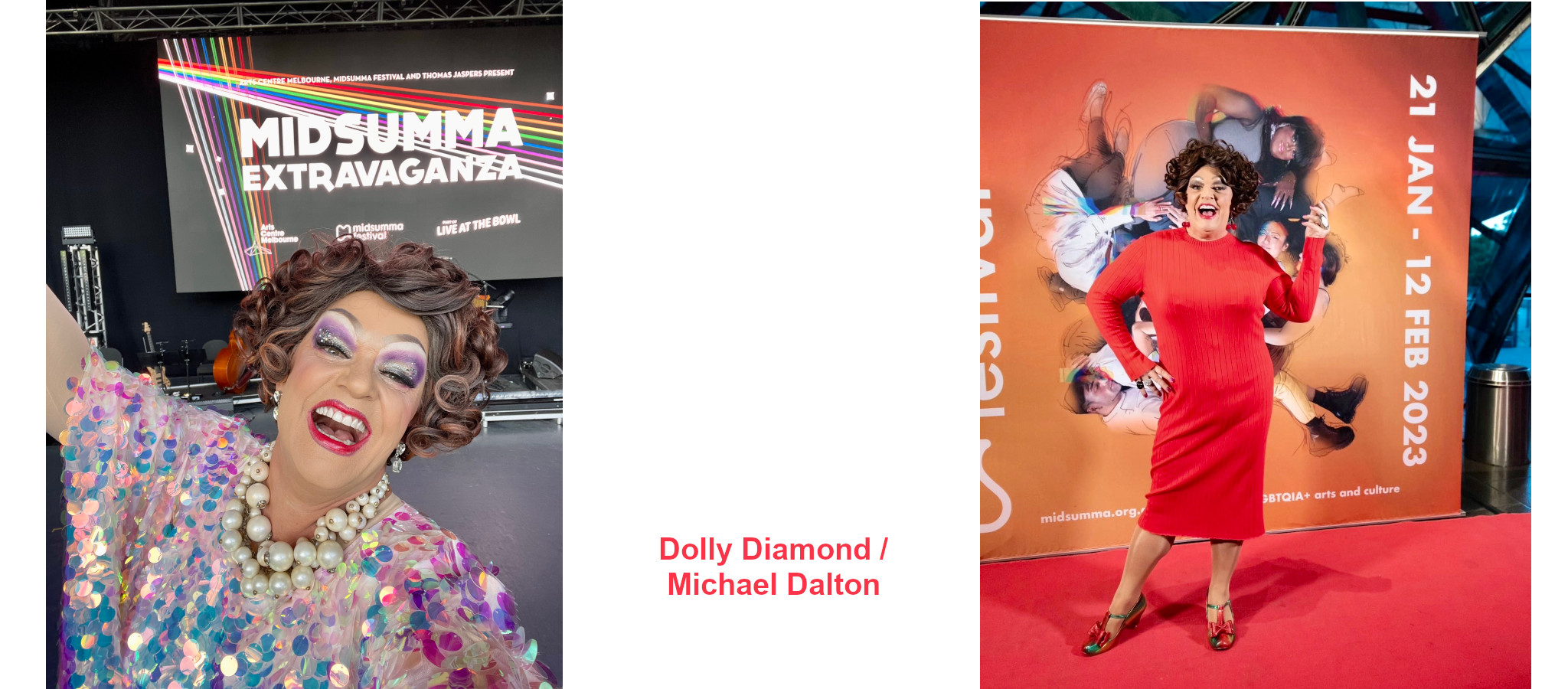Collage of Dolly Diamond in front of Midsumma media walls - one for Midsumma Extravaganza the other for Midsumma 2023