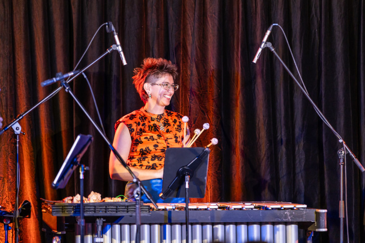 Xylophone performer on stage ready to perform with lots of microphones on the ready