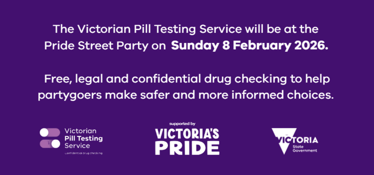 Brochure advertising the Victorian Pill Testing Service to be run at Victoria's Pride 2026