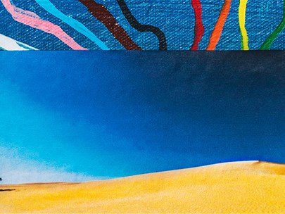 Photograph of a sand dune with one lonely tree on top of a blue painted canvas with progressive pride colours above the photograph.