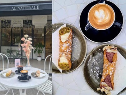 Collage of two photos - one showing the front of the cafe - the other a coffee and two patisseries