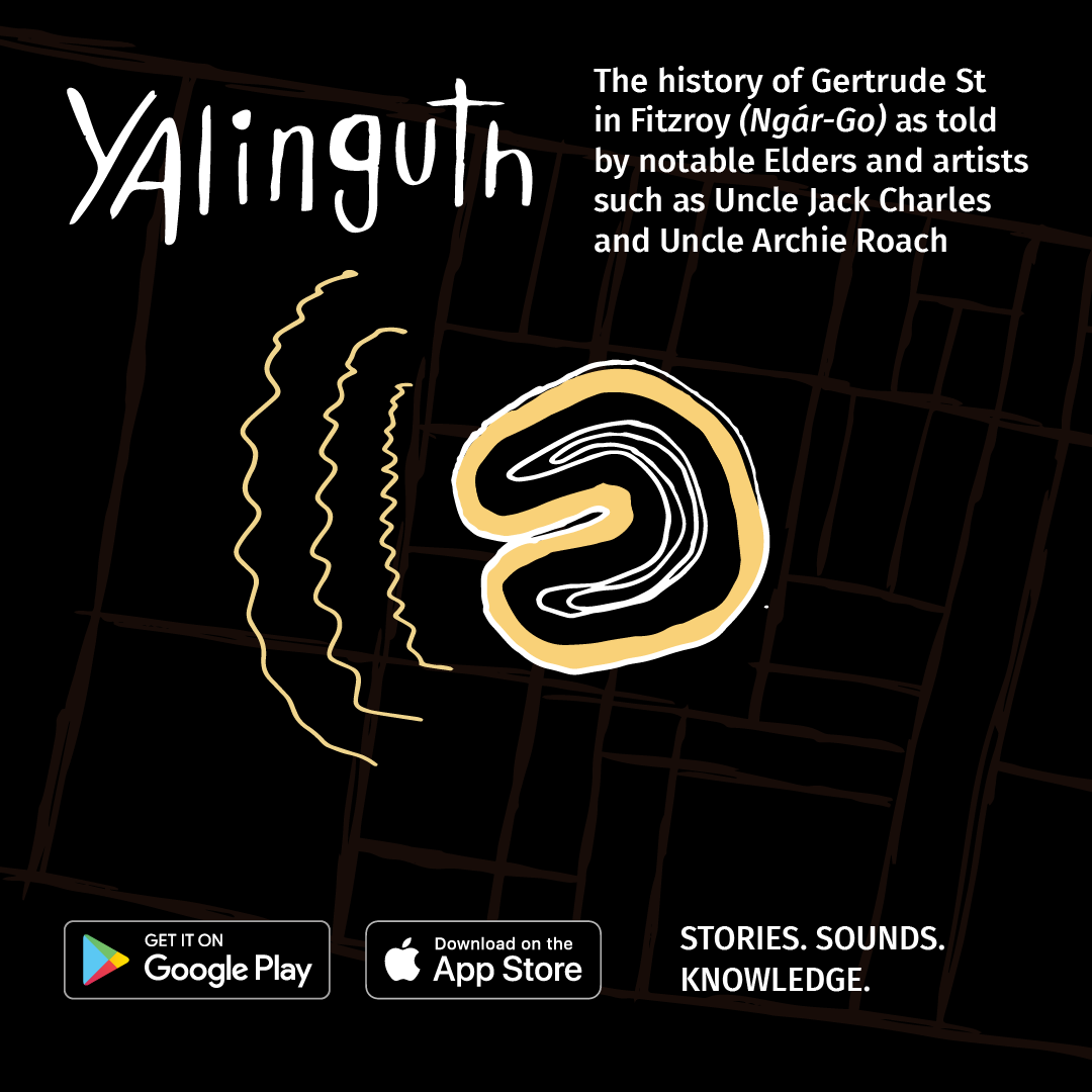 Black background with crescent-shaped Aboriginal drawing and text describing Yalinguth