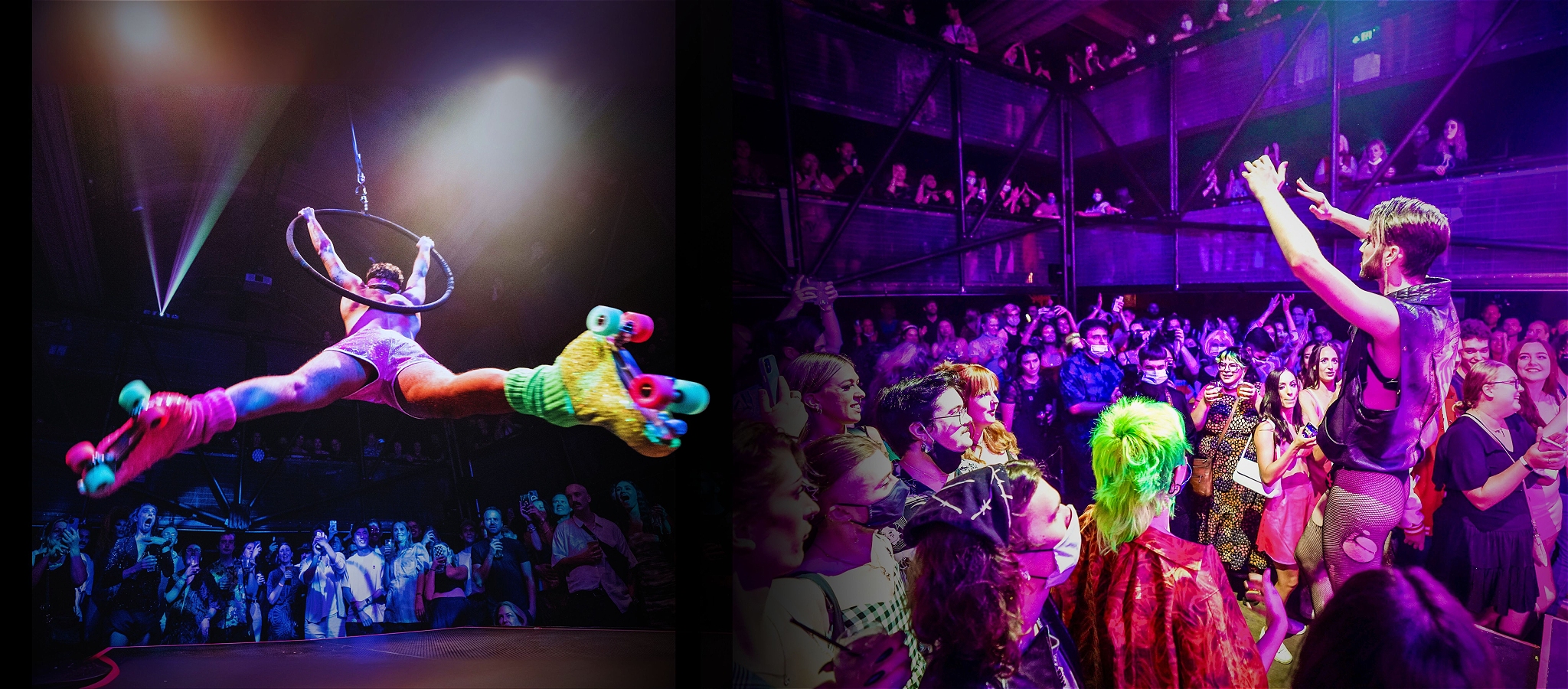 A performer swinging in the air on a hoop wearing roller-skates, and a performer walking down into a crowd of people.