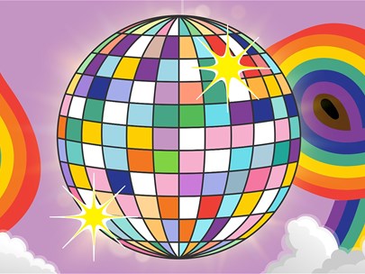An illustration of a rainbow coloured disco ball floating in the sky. There are progress flag and trans themed rainbows and white clouds in the sky.
