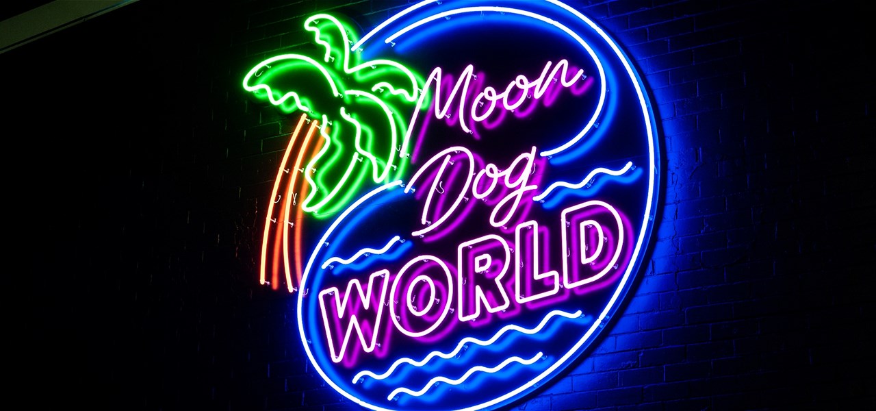 A glowing neon sign depicting a palm tree and the words Moon Dog World.